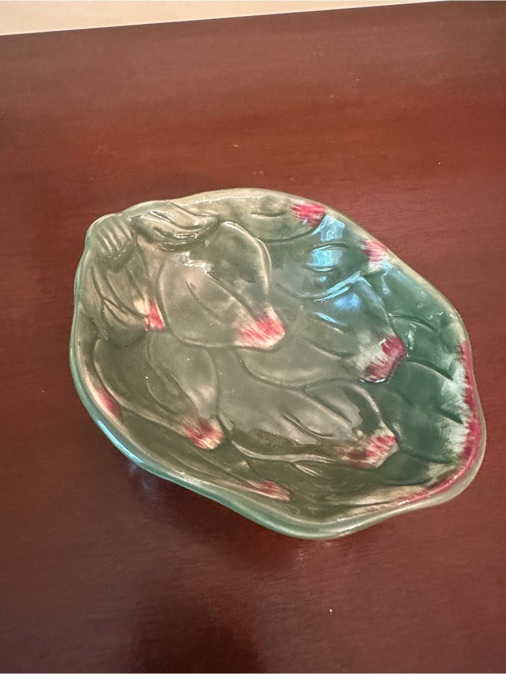 Williams Sonoma Green Leaf-Shaped Ceramic Bowl with Pink Highlights